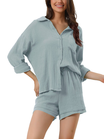 Womens Sleepwear Button Down Long Sleeve Shirt with Shorts Casual Lounge Sets