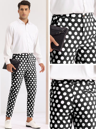 Polka Dots Printed Pants for Men's Regular Fit Flat Front Dress Trousers