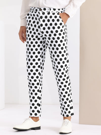 Polka Dots Printed Pants for Men's Regular Fit Flat Front Dress Trousers