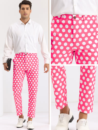 Polka Dots Printed Pants for Men's Regular Fit Flat Front Dress Trousers