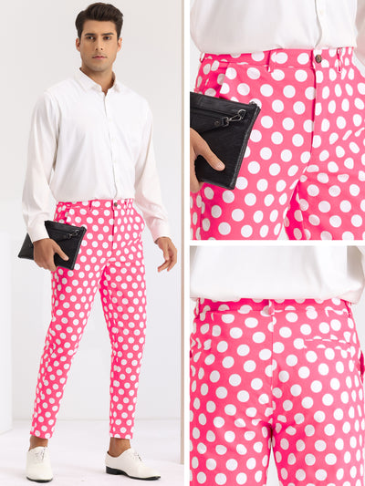 Polka Dots Printed Pants for Men's Regular Fit Flat Front Dress Trousers