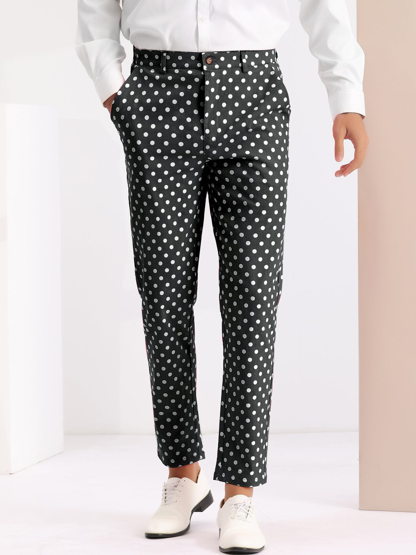 Bublédon Polka Dots Dress Pants for Men's Flat Front Business Wedding Chino Trousers