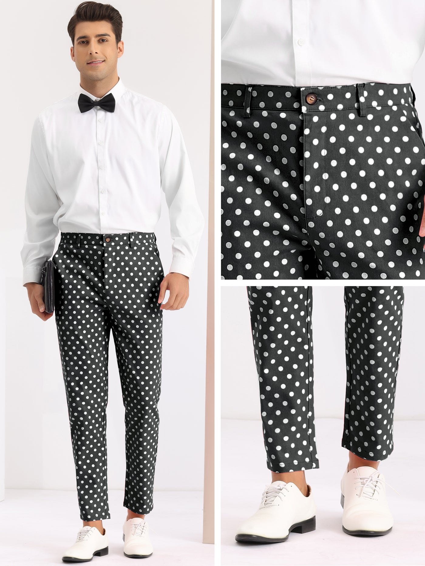 Bublédon Polka Dots Dress Pants for Men's Flat Front Business Wedding Chino Trousers