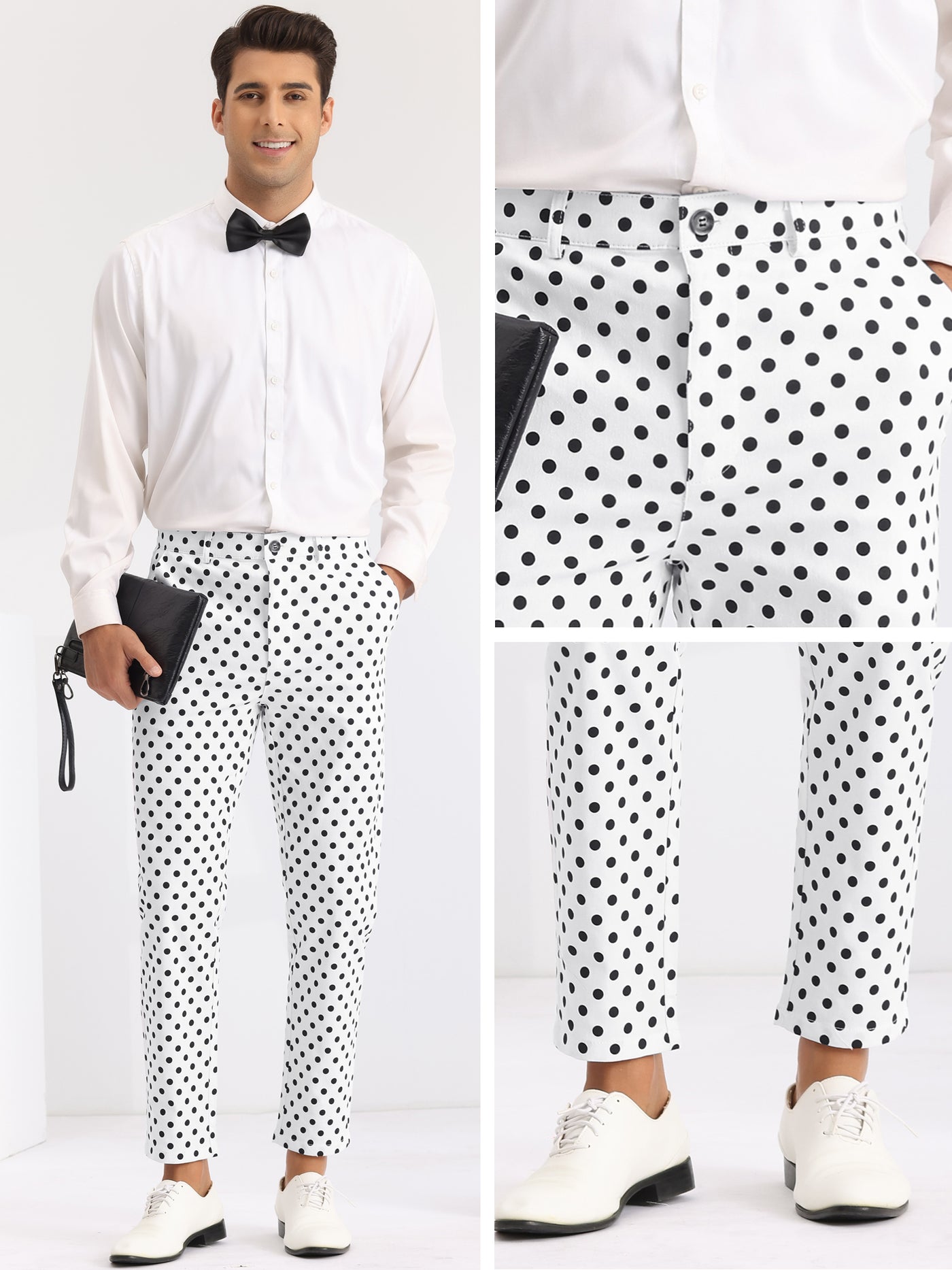 Bublédon Polka Dots Dress Pants for Men's Flat Front Business Wedding Chino Trousers