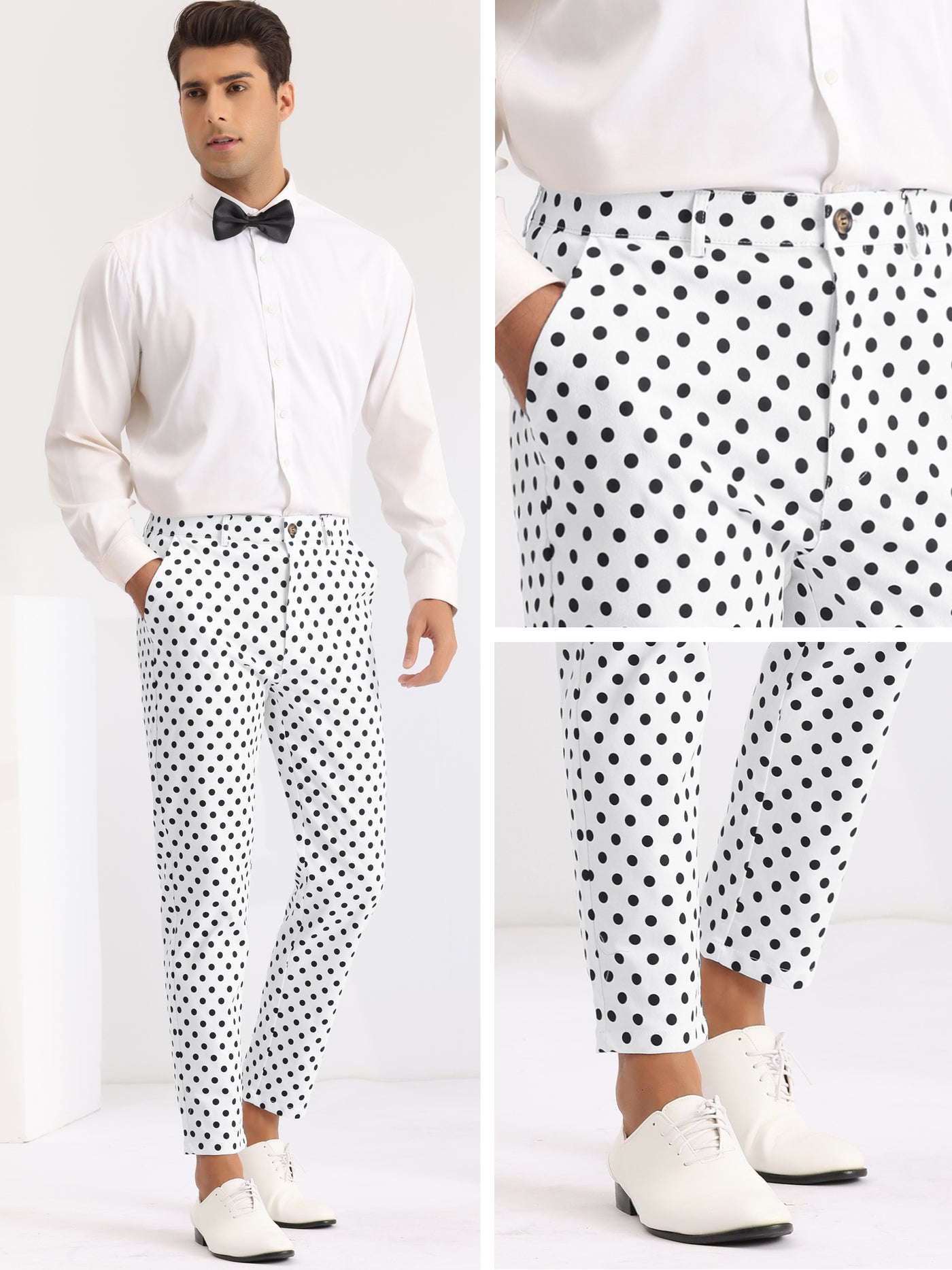 Bublédon Polka Dots Dress Pants for Men's Flat Front Business Wedding Chino Trousers