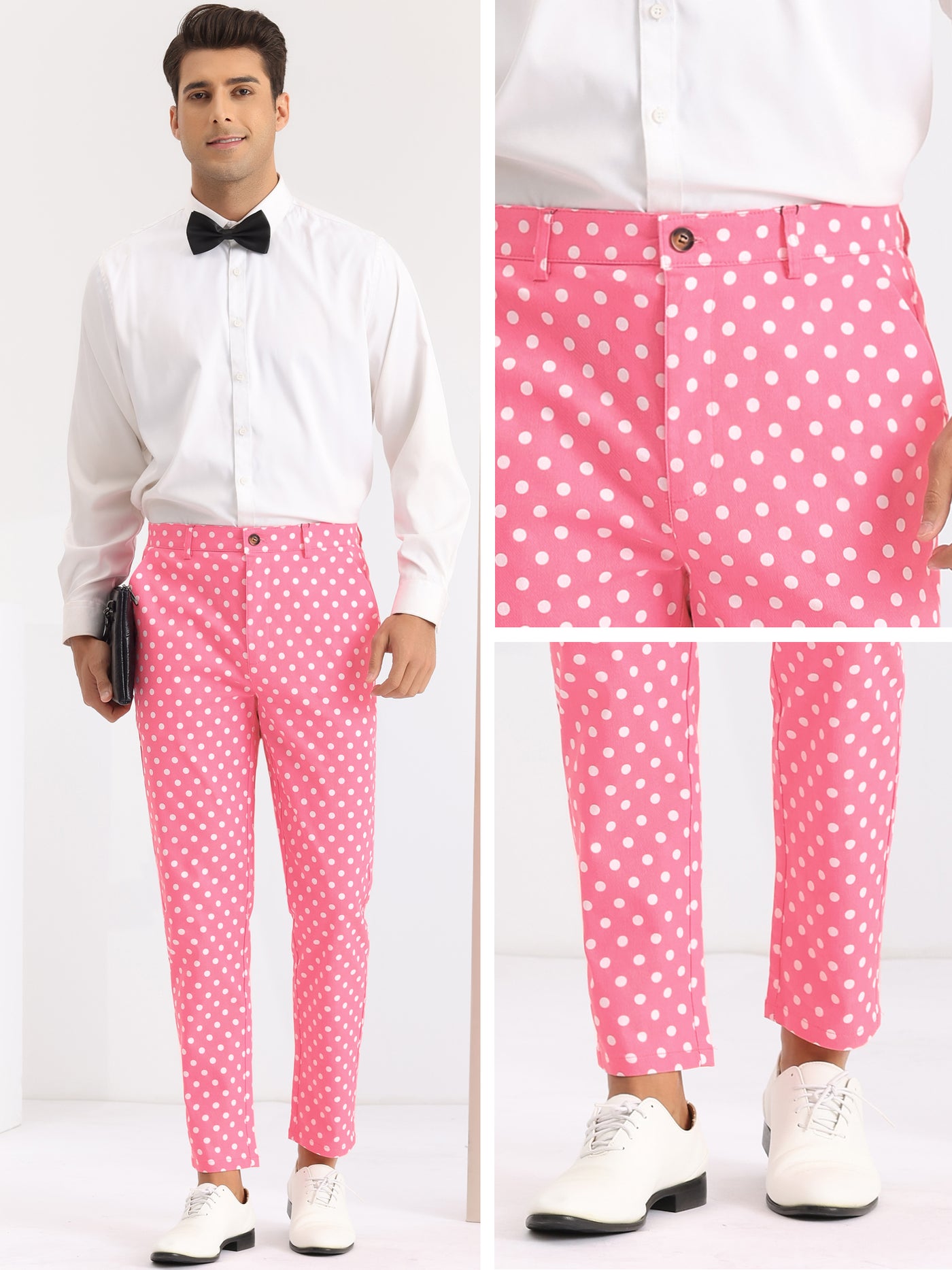 Bublédon Polka Dots Dress Pants for Men's Flat Front Business Wedding Chino Trousers