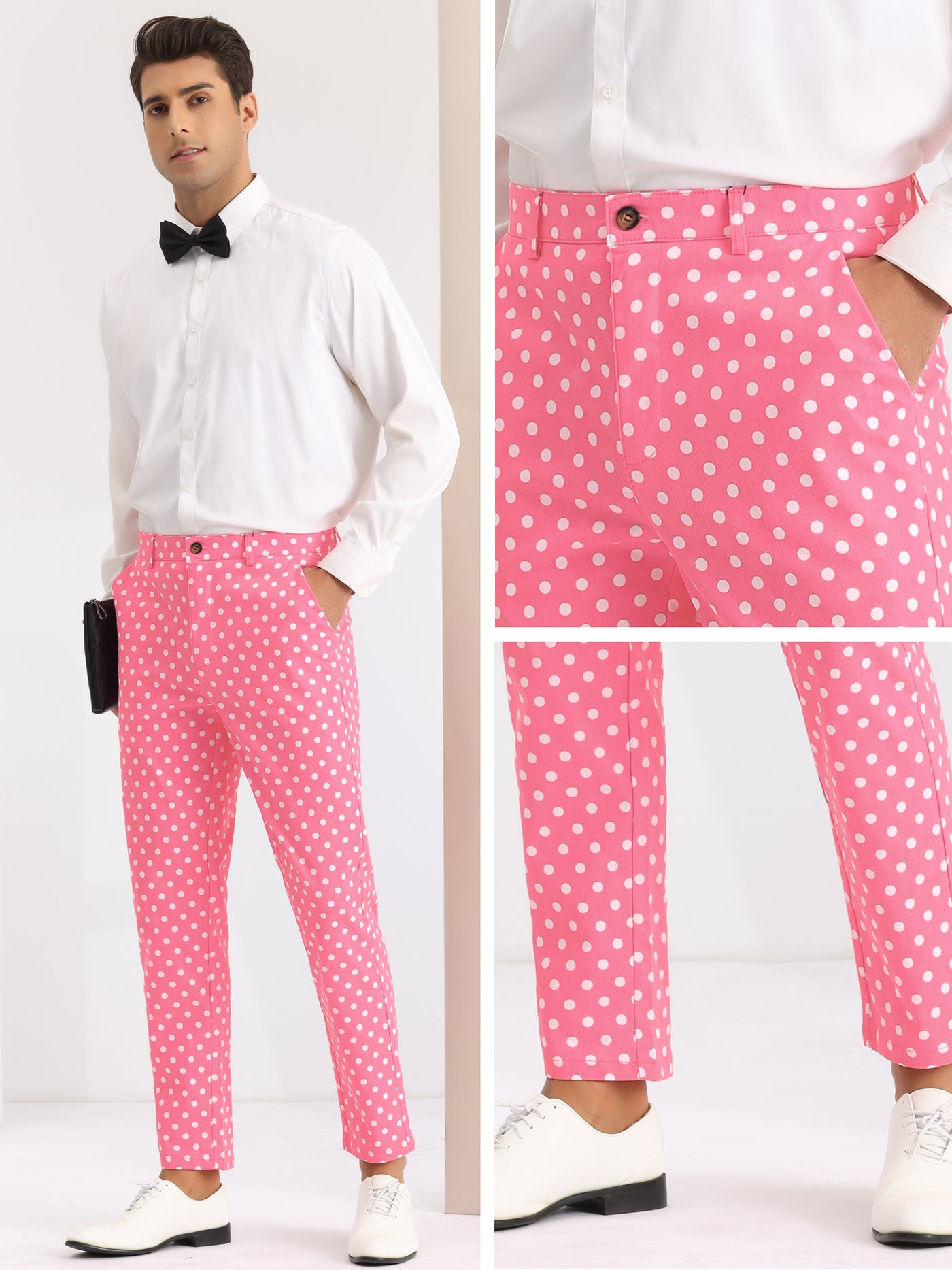 Bublédon Polka Dots Dress Pants for Men's Flat Front Business Wedding Chino Trousers