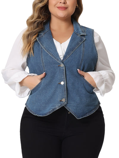 Plus Size Denim Vest for Women Sleeveless Lapel Casual Lightweight Buttons Jackets