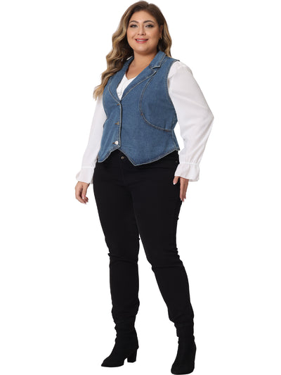 Plus Size Denim Vest for Women Sleeveless Lapel Casual Lightweight Buttons Jackets