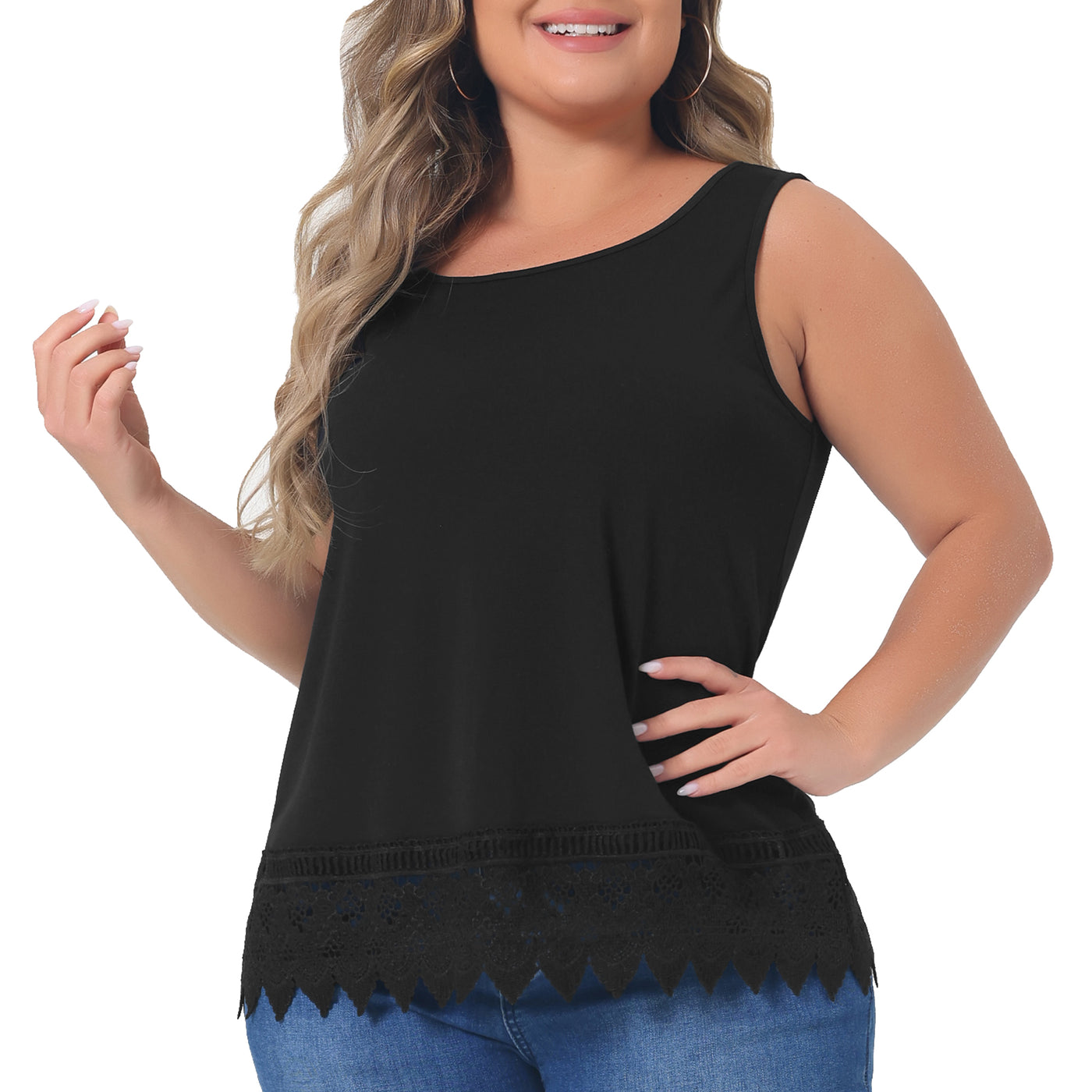 Bublédon Plus Size Tank Round Neck Swing Lace Panel Flowy Tops