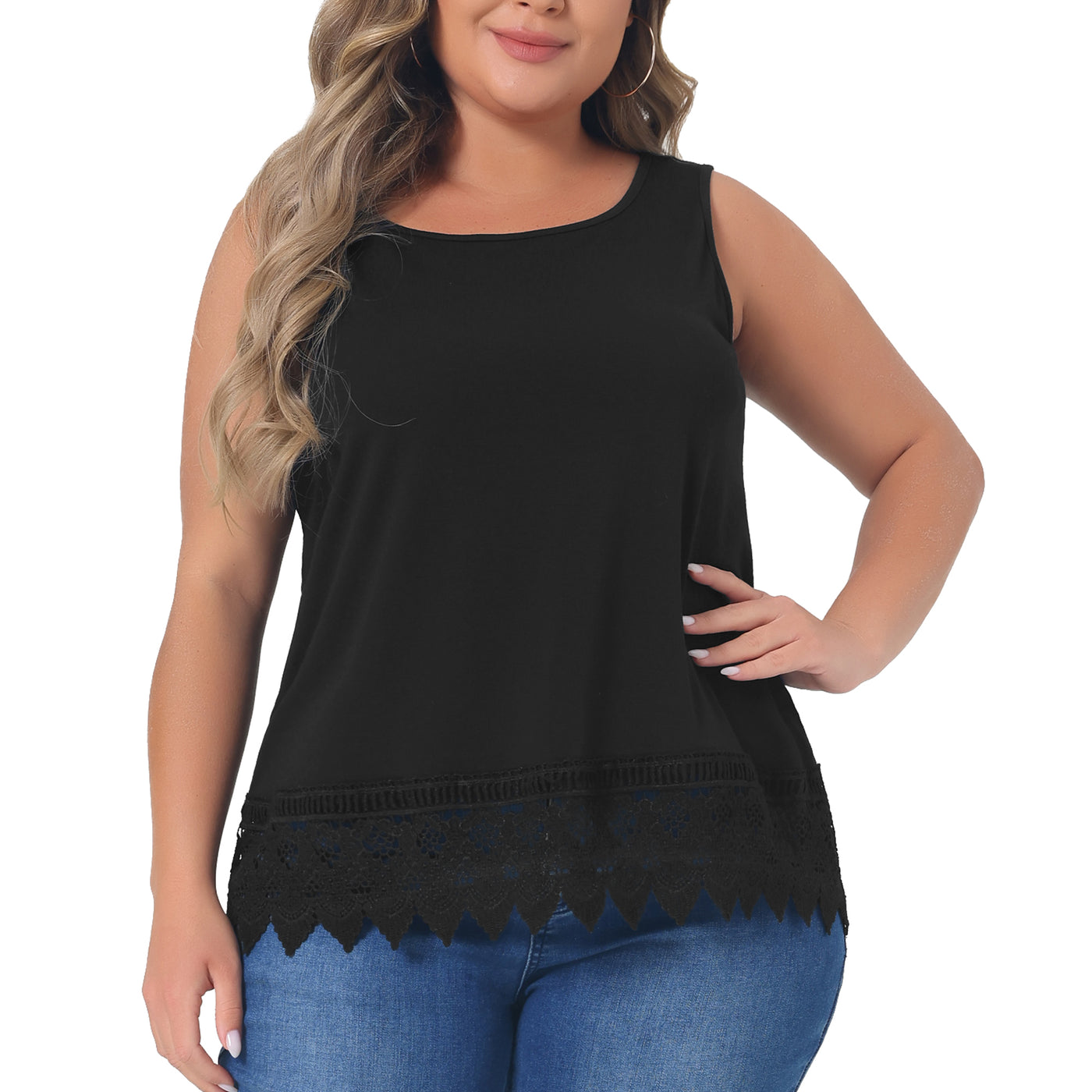 Bublédon Plus Size Tank Round Neck Swing Lace Panel Flowy Tops