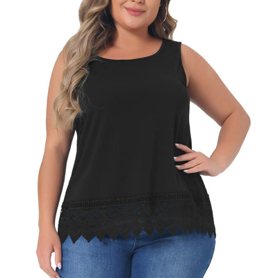 Plus Size Tank Round Neck Swing Lace Panel Flowy Tops