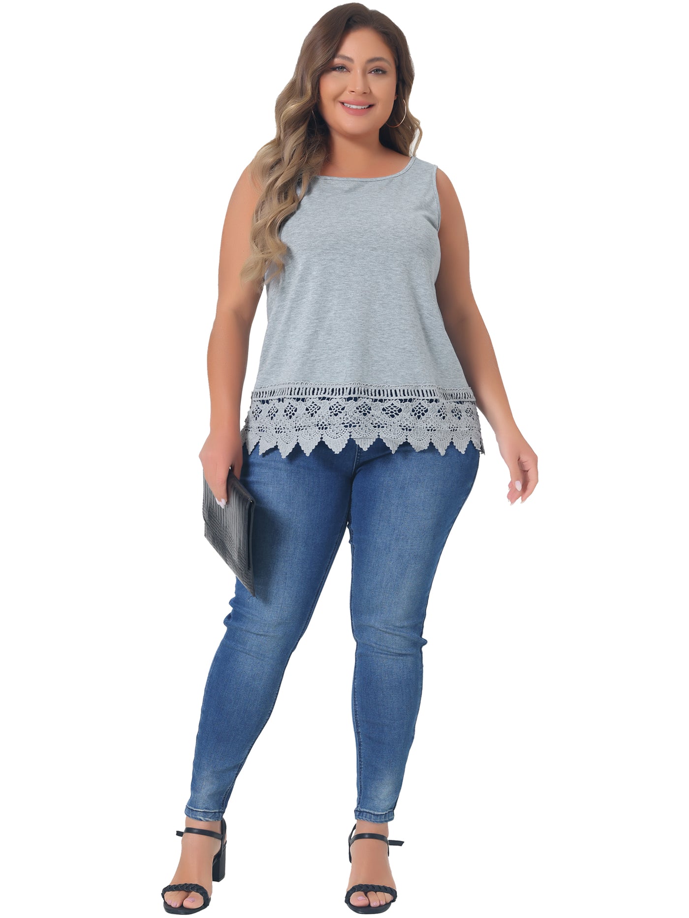 Bublédon Plus Size Tank Round Neck Swing Lace Panel Flowy Tops