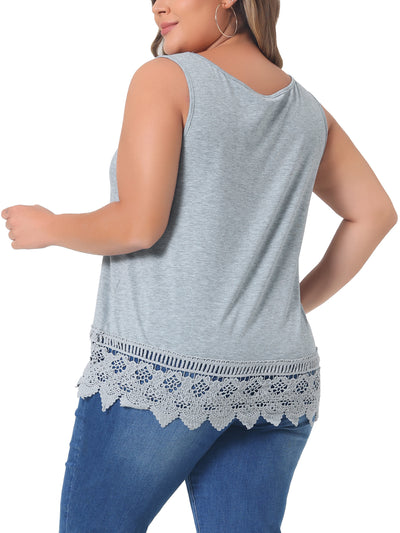 Plus Size Tank Round Neck Swing Lace Panel Flowy Tops