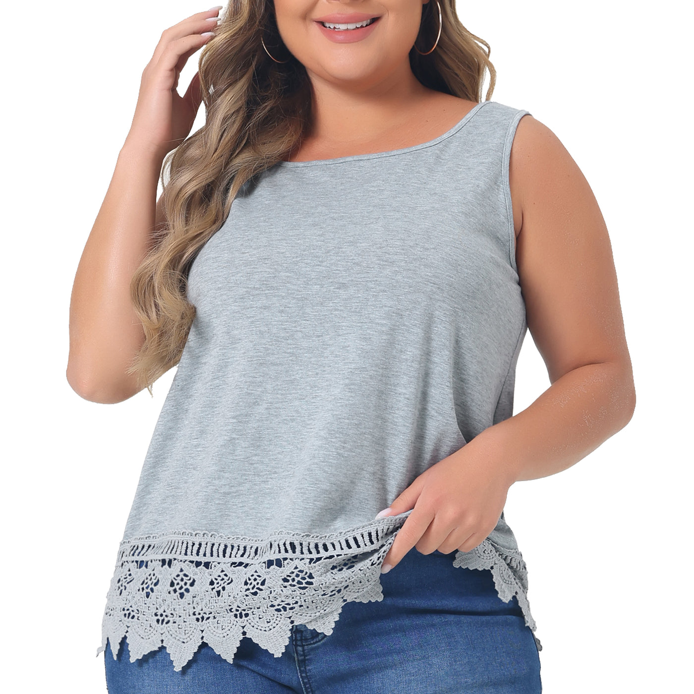 Bublédon Plus Size Tank Round Neck Swing Lace Panel Flowy Tops