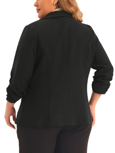 Plus Size Blazer for Women 3/4 Ruched Sleeve Open Front Lightweight Work Office Suit Jacket