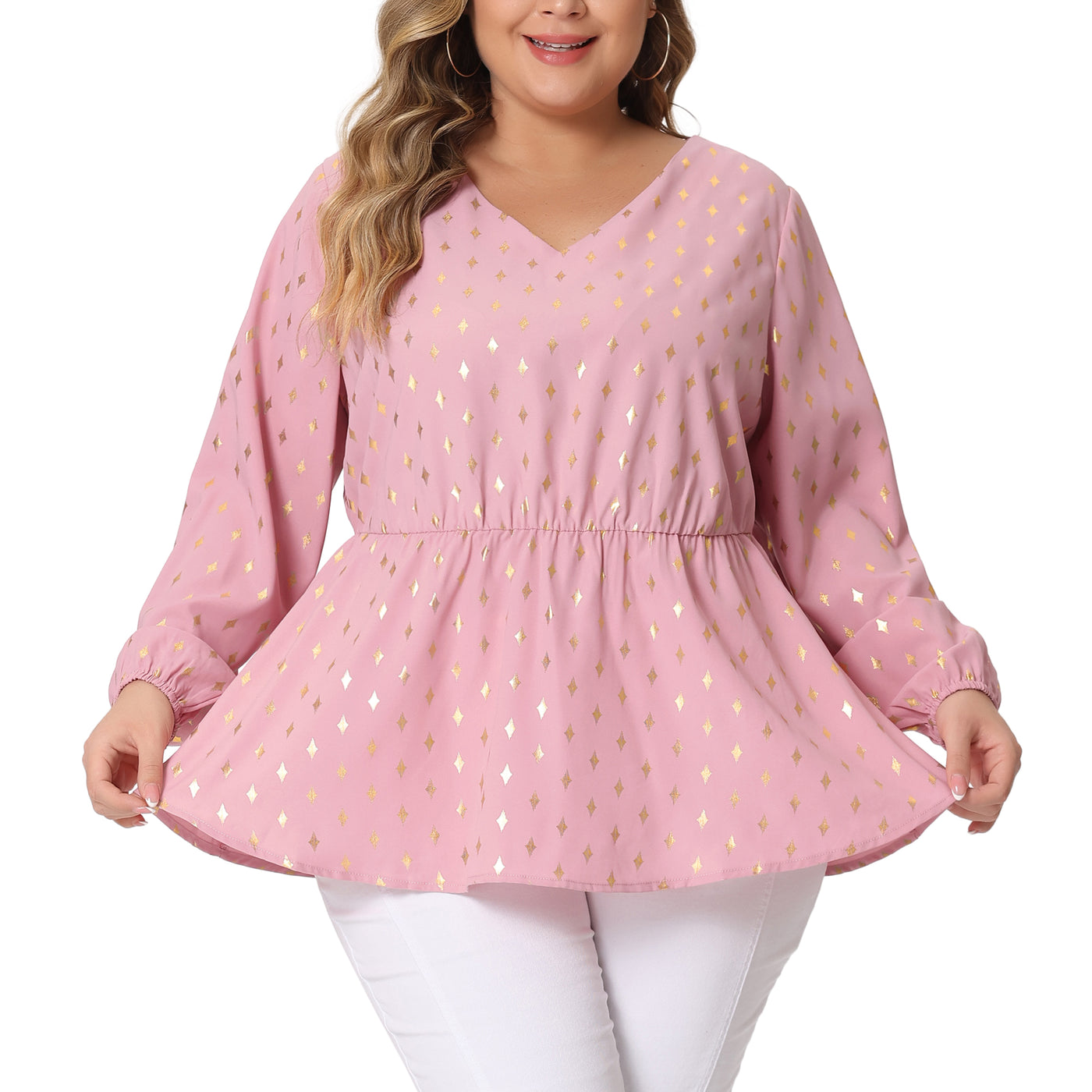 Bublédon Plus Size Blouses for Women Long Sleeve V Neck Geometric Print Ruffled Elastic Waist Tunic Tops