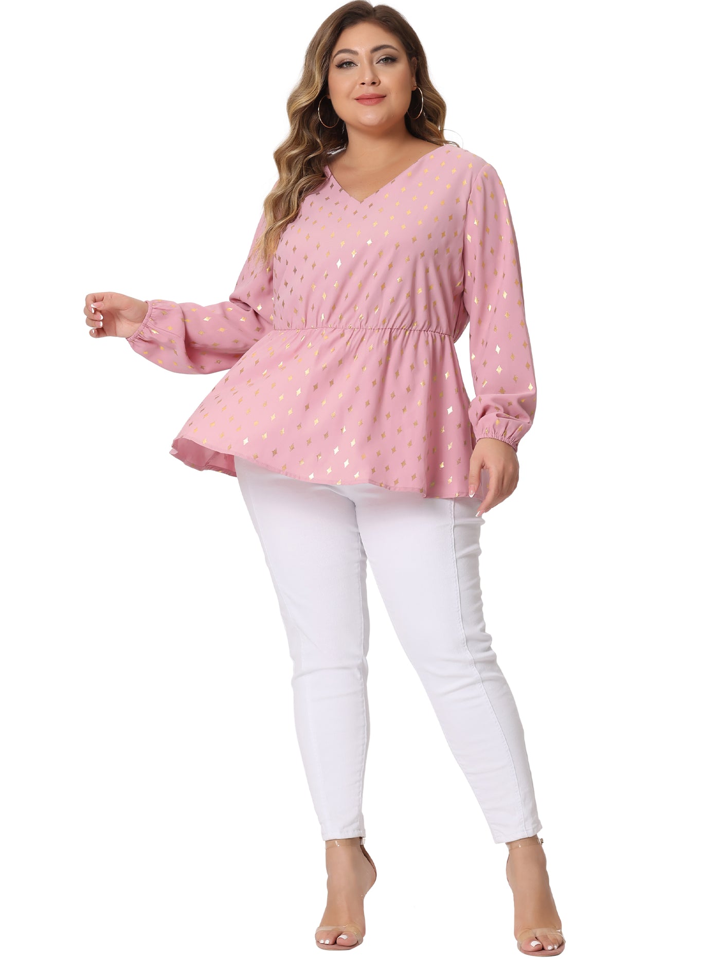 Bublédon Plus Size Blouses for Women Long Sleeve V Neck Geometric Print Ruffled Elastic Waist Tunic Tops