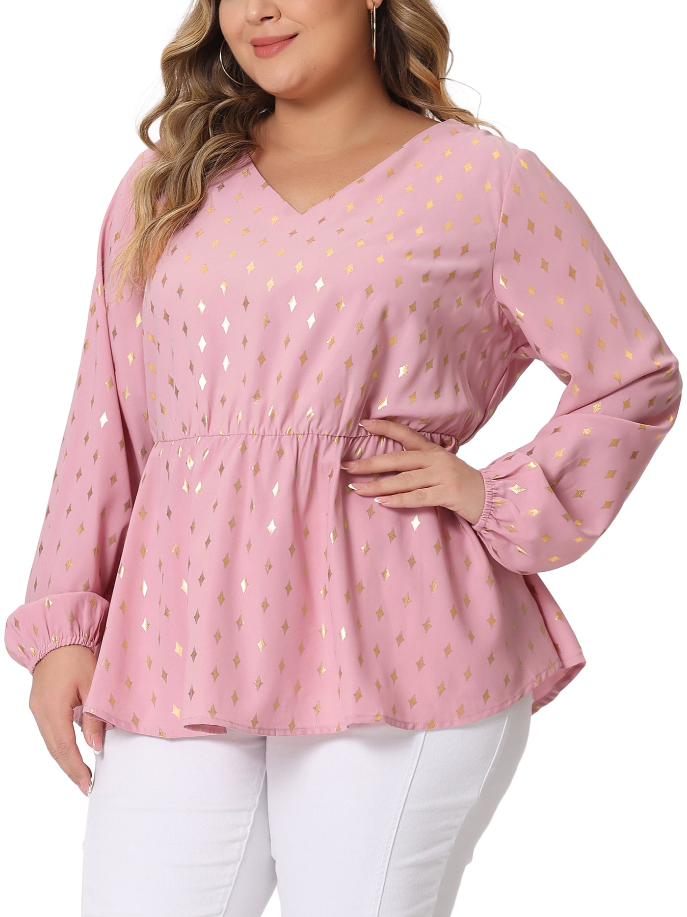 Bublédon Plus Size Blouses for Women Long Sleeve V Neck Geometric Print Ruffled Elastic Waist Tunic Tops