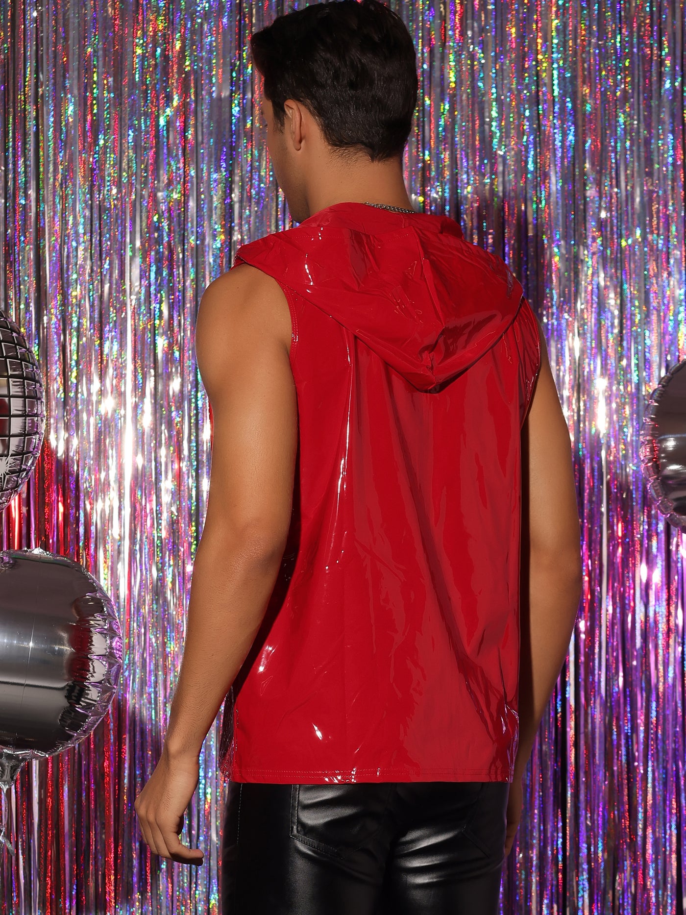 Bublédon Metallic Shiny Party Club Sleeveless Zipper Hooded Vest