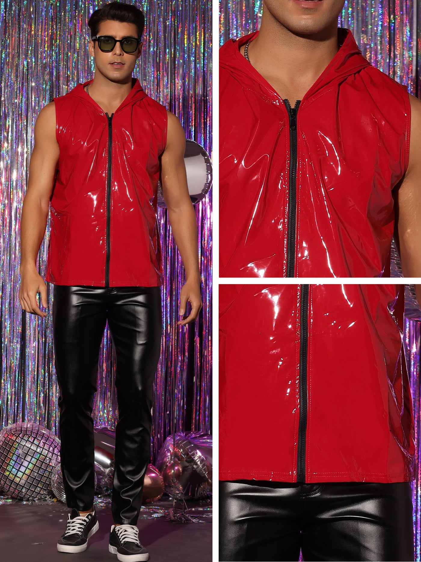 Bublédon Metallic Shiny Party Club Sleeveless Zipper Hooded Vest