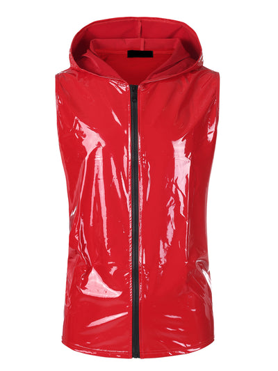 Metallic Shiny Party Club Sleeveless Zipper Hooded Vest