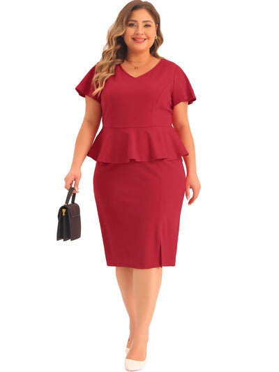 Bublédon Plus Size Dresses for Women Church Short Ruffles Sleeve Work Pencil Vintage Peplum Dress