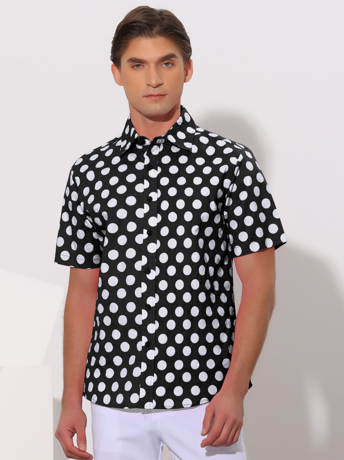 Bublédon Polka Dots Pattern Point Collar Short Sleeves Printed Dress Shirts