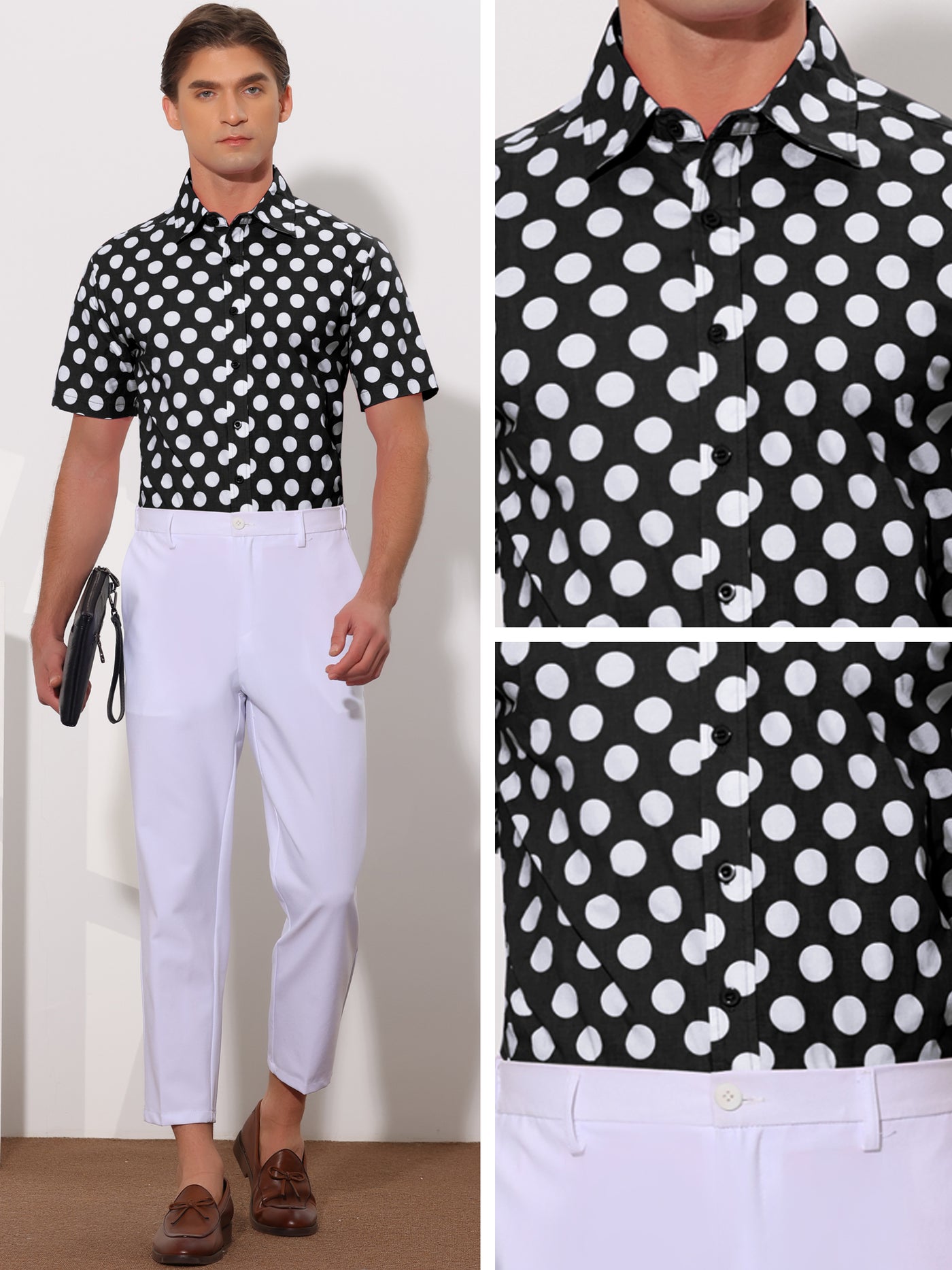 Bublédon Polka Dots Pattern Point Collar Short Sleeves Printed Dress Shirts