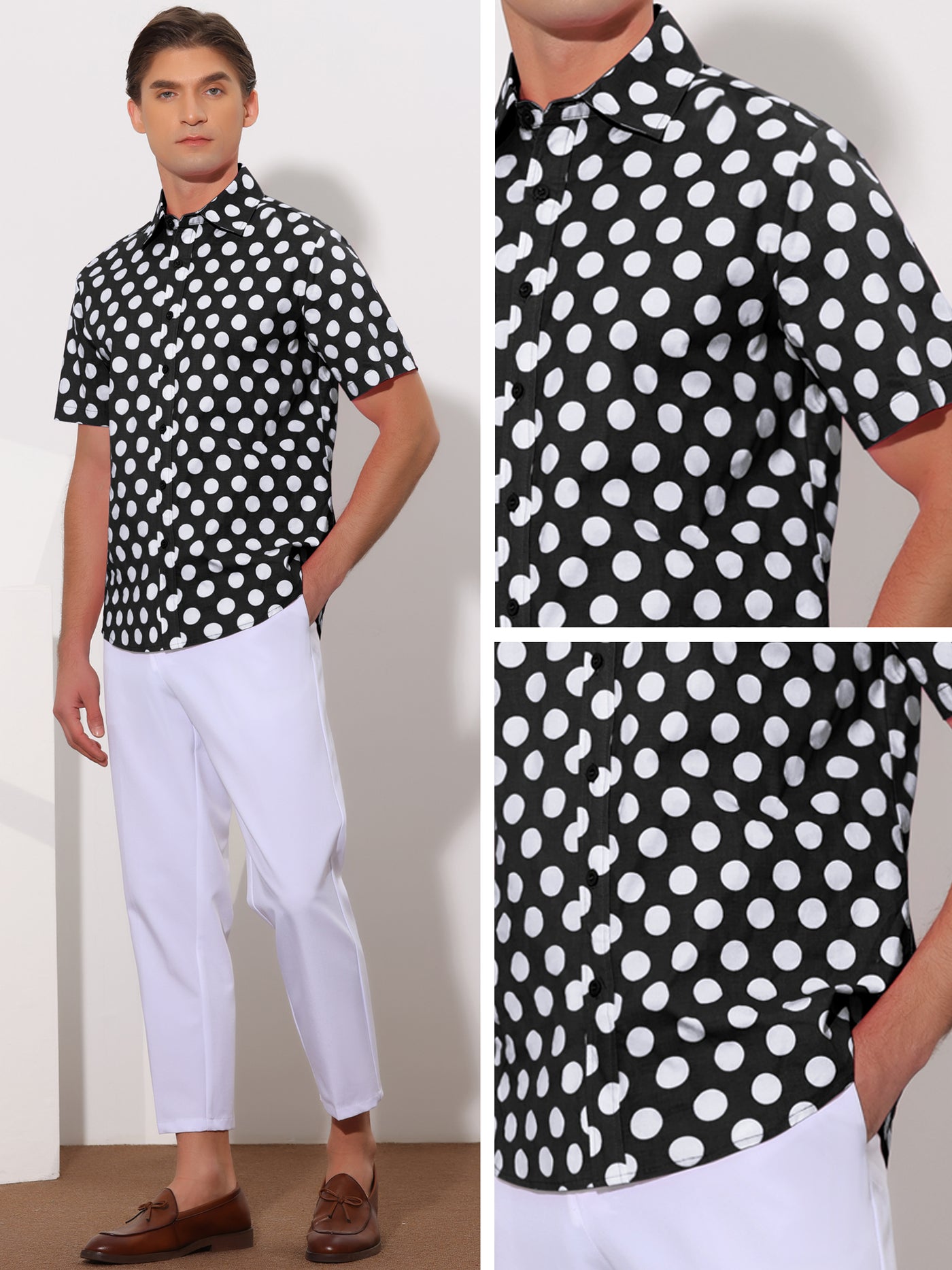 Bublédon Polka Dots Pattern Point Collar Short Sleeves Printed Dress Shirts