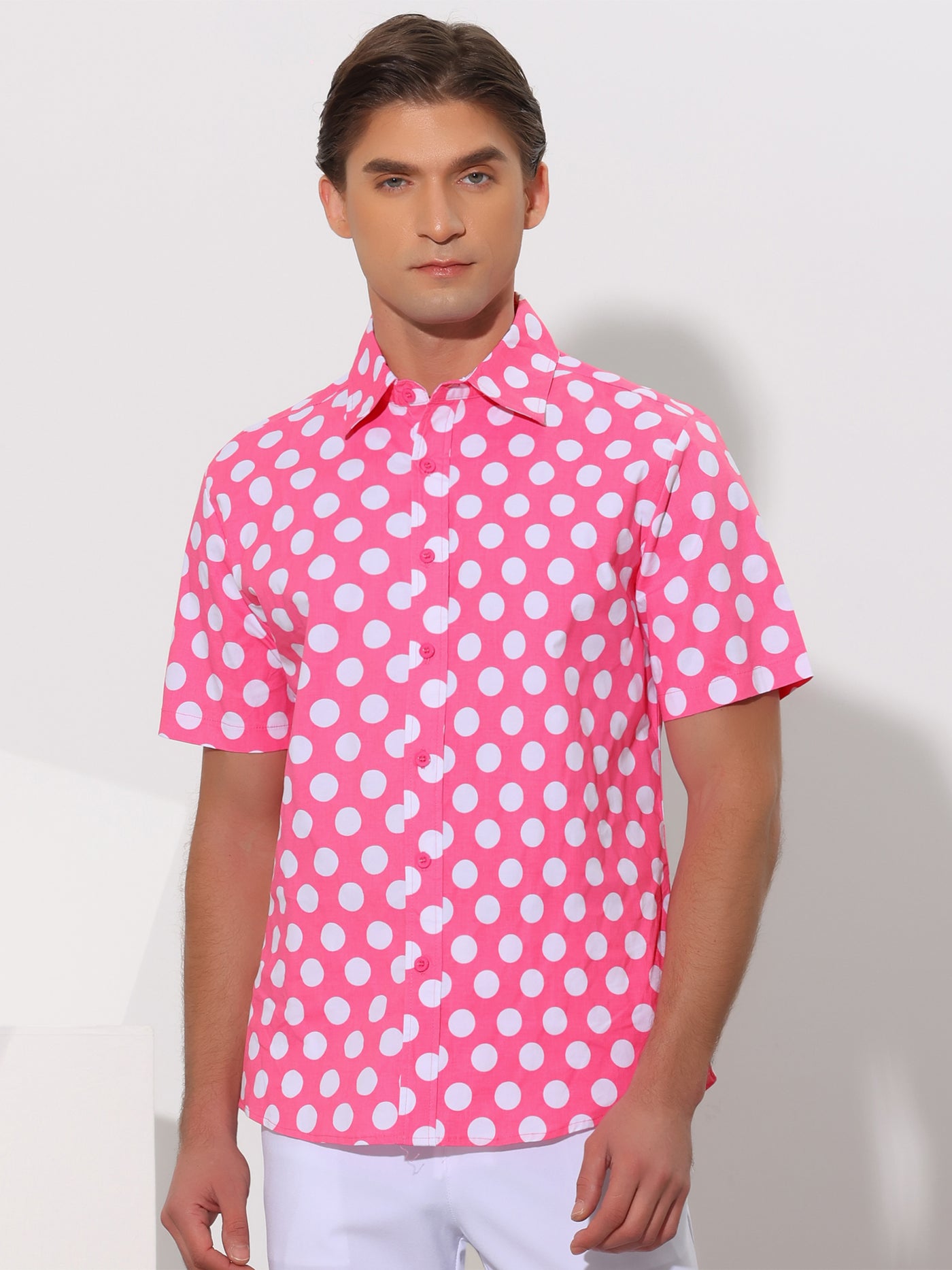 Bublédon Polka Dots Pattern Point Collar Short Sleeves Printed Dress Shirts