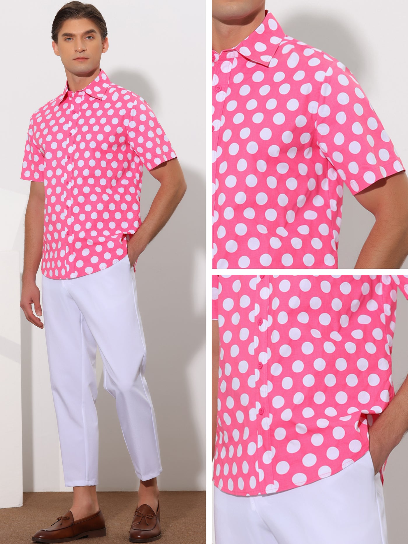 Bublédon Polka Dots Pattern Point Collar Short Sleeves Printed Dress Shirts