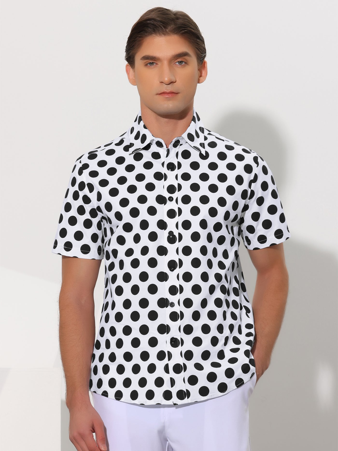 Bublédon Polka Dots Pattern Point Collar Short Sleeves Printed Dress Shirts