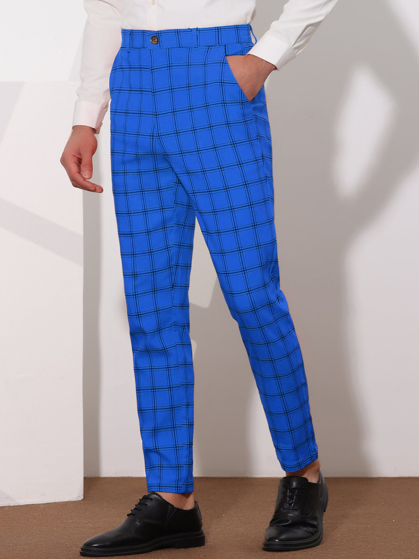 Bublédon Plaid Trouser for Men's Flat Front Skinny Checked Pattern Dress Pants