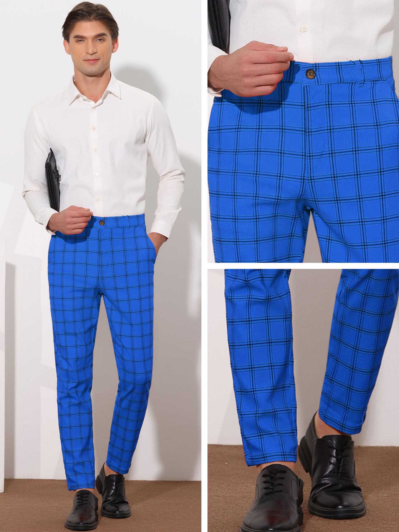 Bublédon Plaid Trouser for Men's Flat Front Skinny Checked Pattern Dress Pants