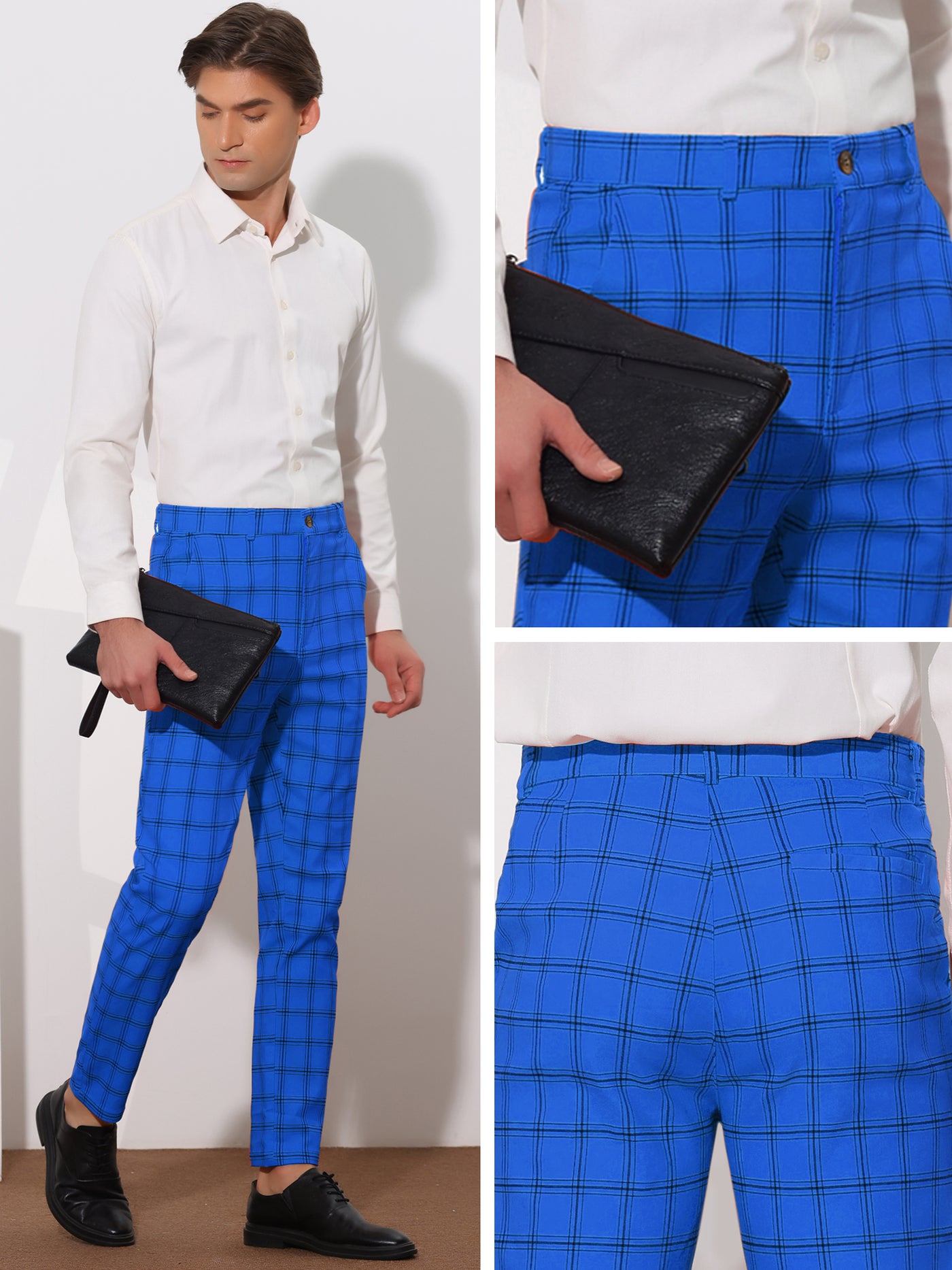 Bublédon Plaid Trouser for Men's Flat Front Skinny Checked Pattern Dress Pants