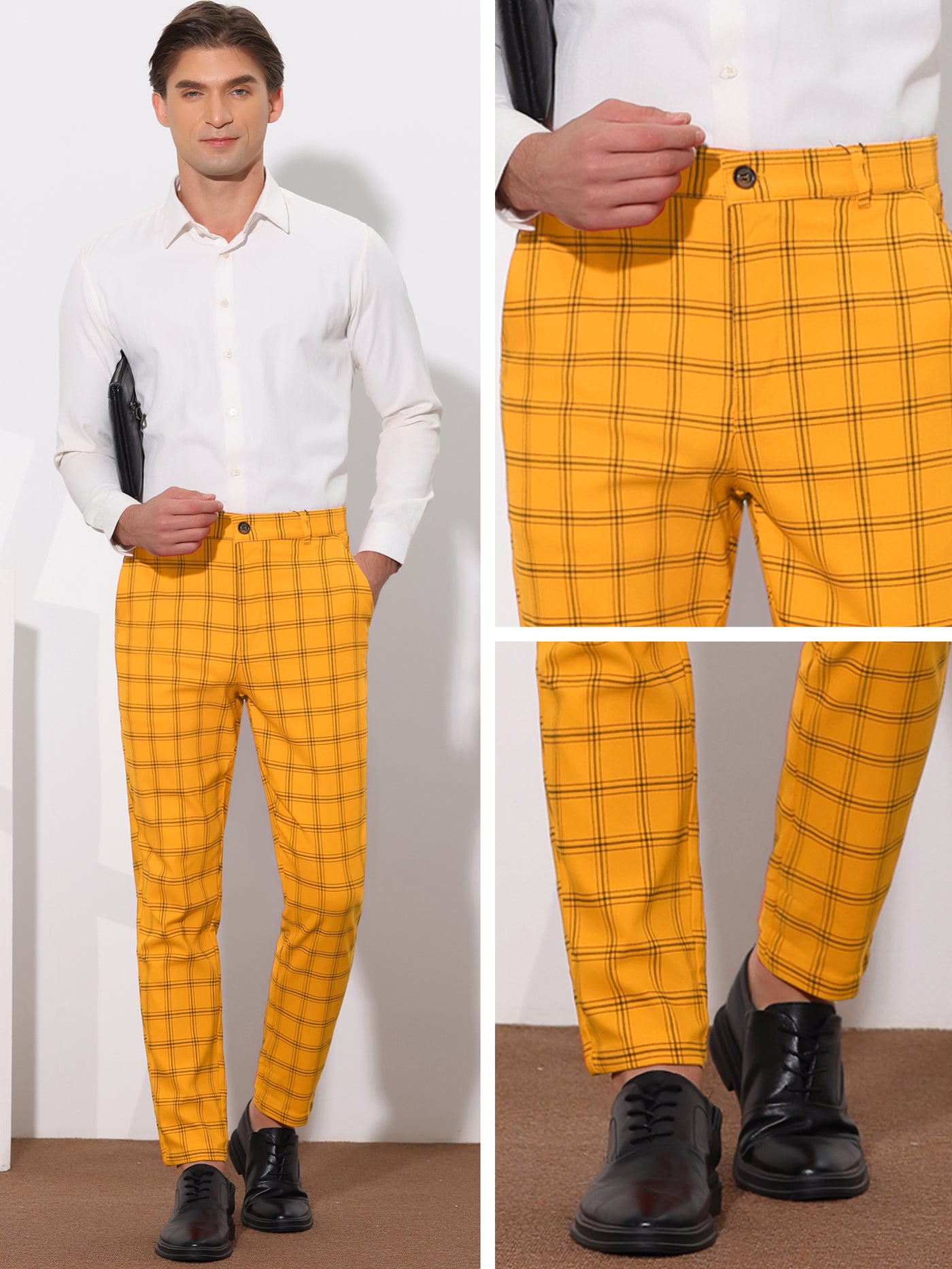 Bublédon Plaid Trouser for Men's Flat Front Skinny Checked Pattern Dress Pants