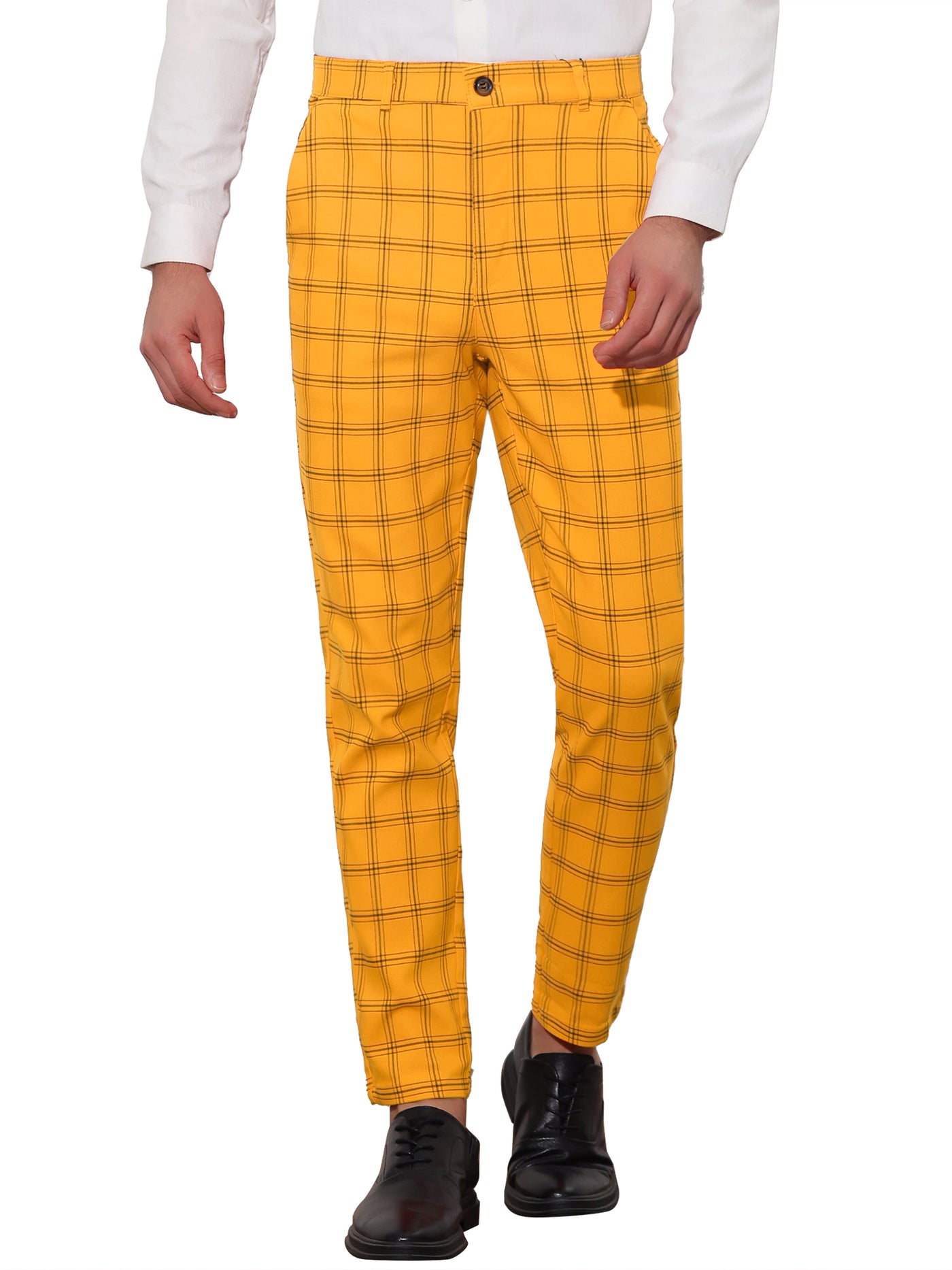 Bublédon Plaid Trouser for Men's Flat Front Skinny Checked Pattern Dress Pants