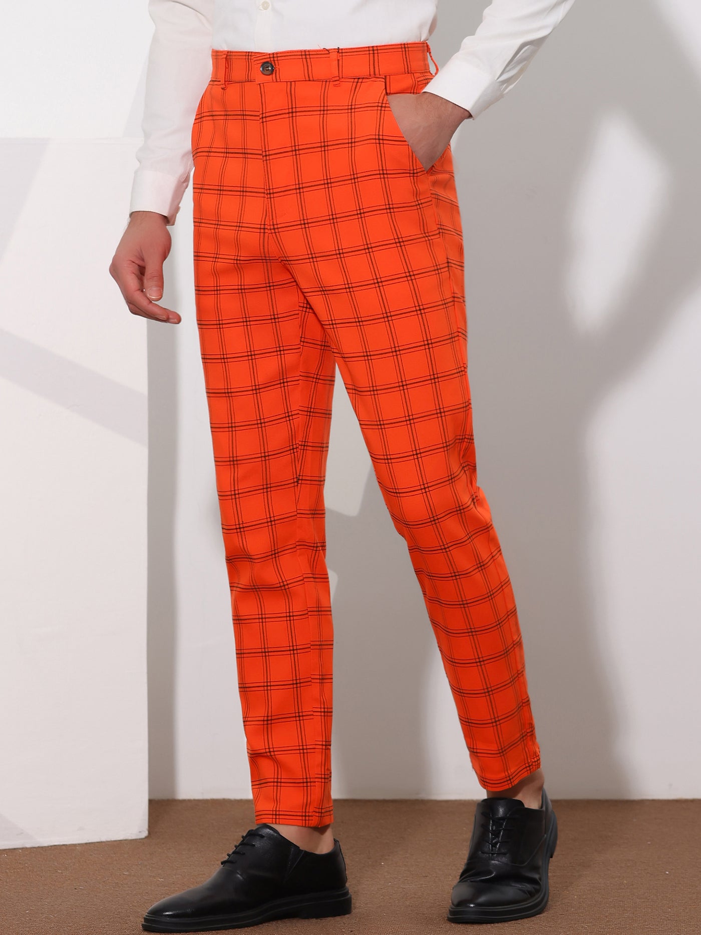 Bublédon Plaid Trouser for Men's Flat Front Skinny Checked Pattern Dress Pants