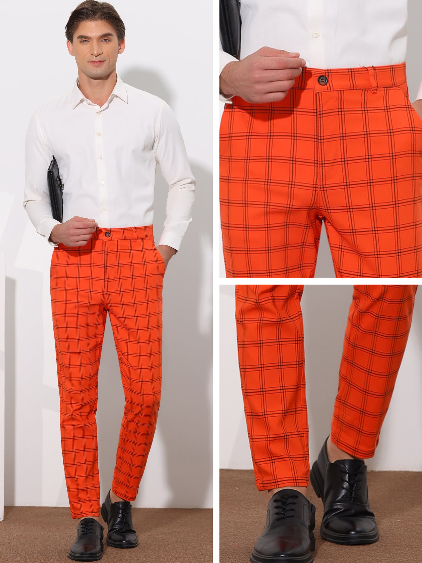 Bublédon Plaid Trouser for Men's Flat Front Skinny Checked Pattern Dress Pants