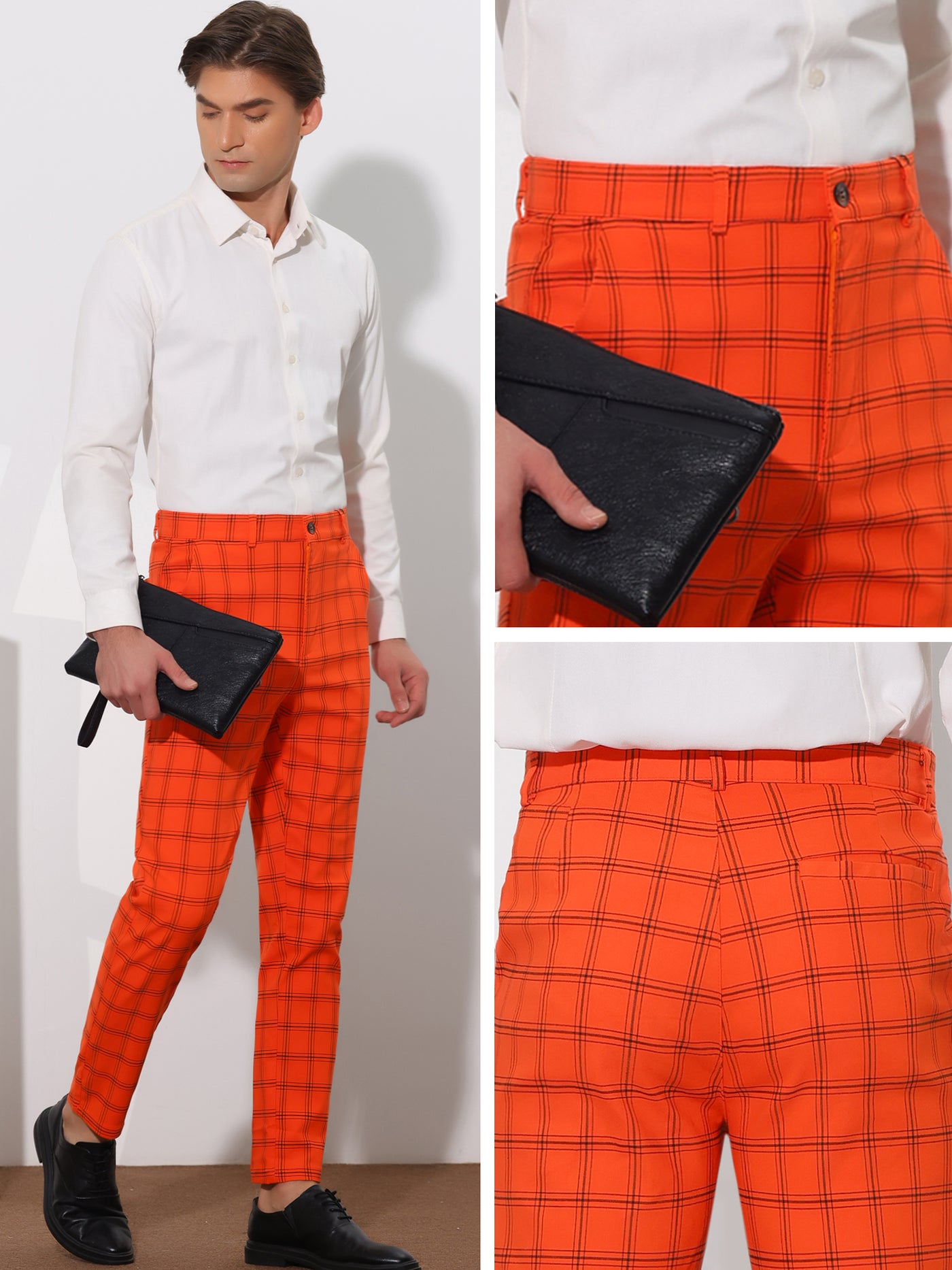 Bublédon Plaid Trouser for Men's Flat Front Skinny Checked Pattern Dress Pants