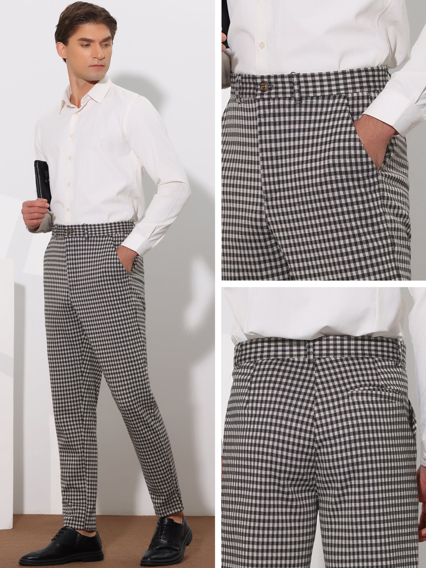 Bublédon Houndstooth Dress Pants for Men's Classic Straight Leg Business Plaid Trousers