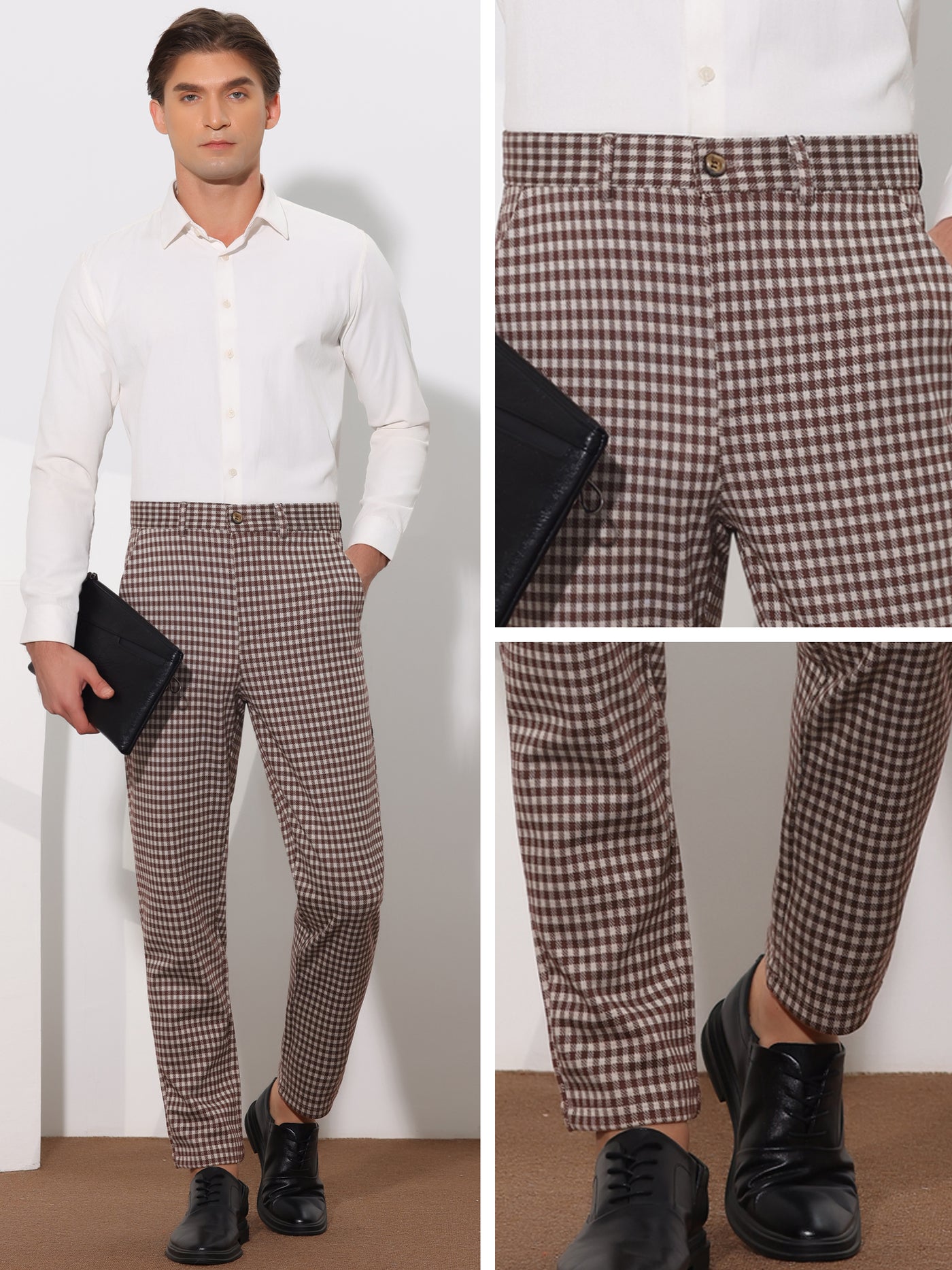 Bublédon Houndstooth Dress Pants for Men's Classic Straight Leg Business Plaid Trousers