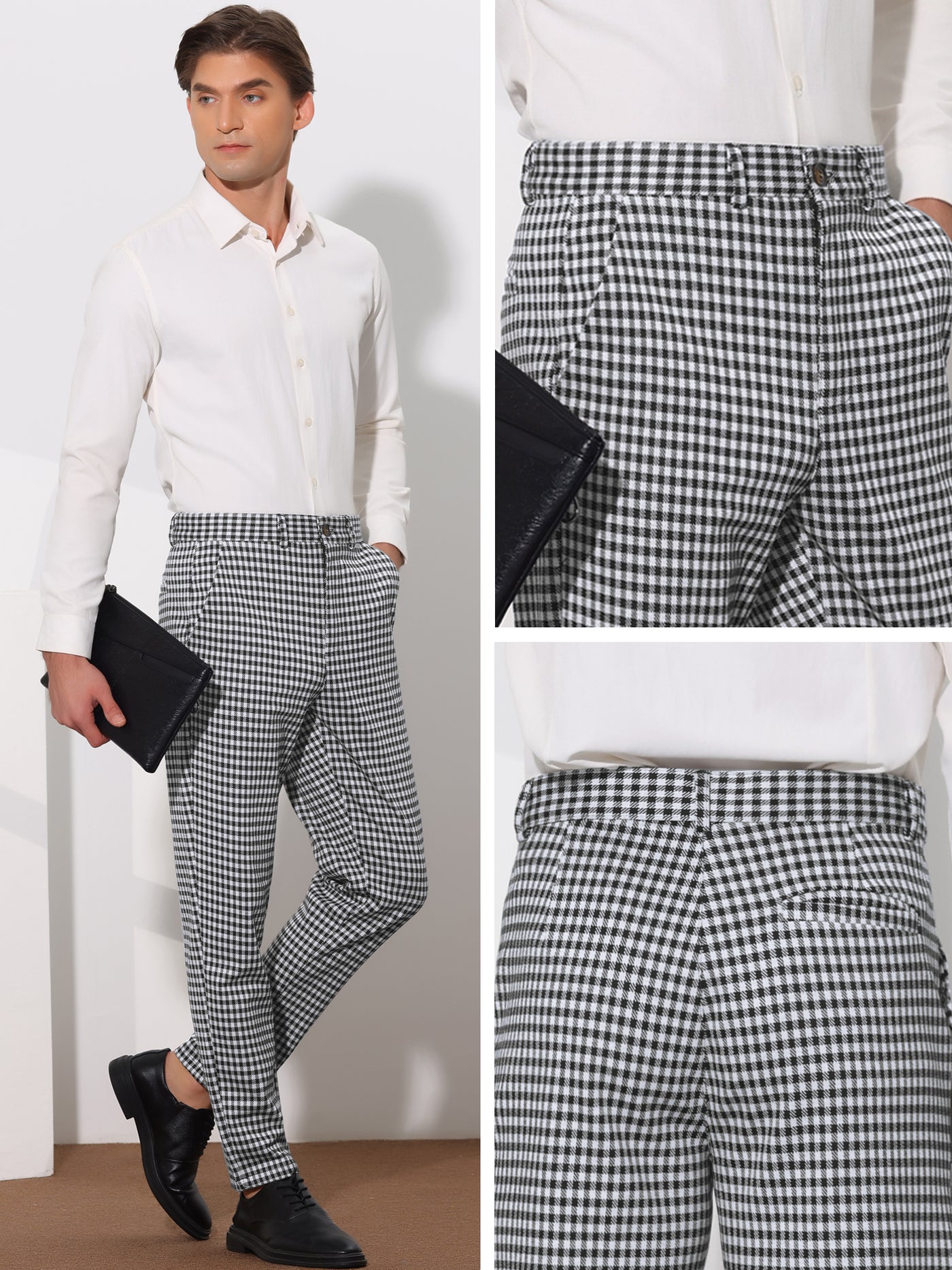 Bublédon Houndstooth Dress Pants for Men's Classic Straight Leg Business Plaid Trousers