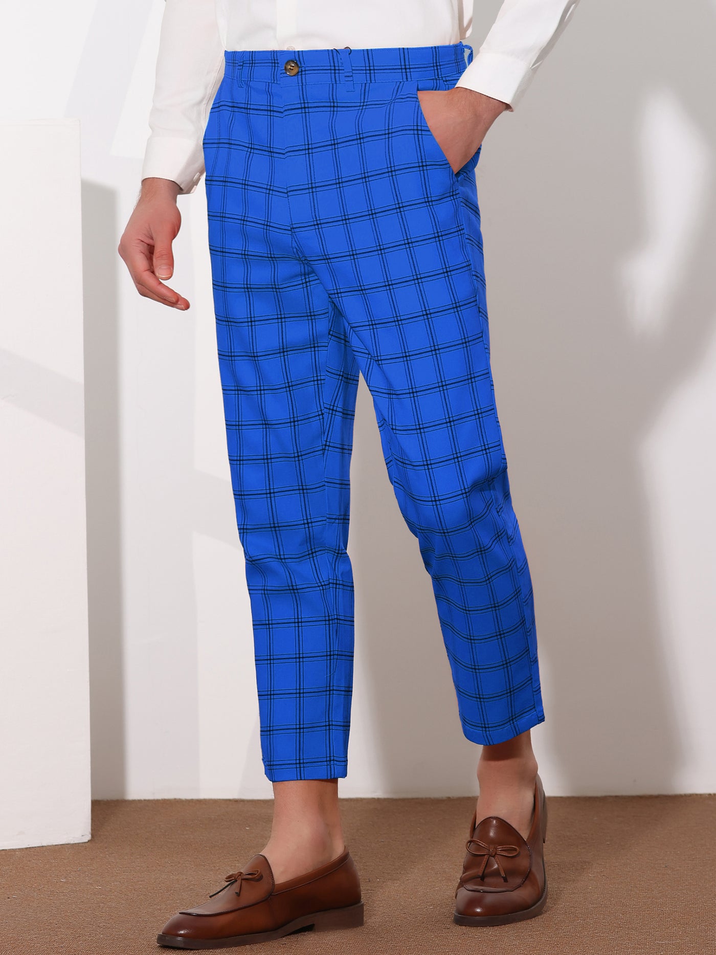 Bublédon Plaid Dress Pants for Men's Flat Front Tapered Cropped Checked Trousers