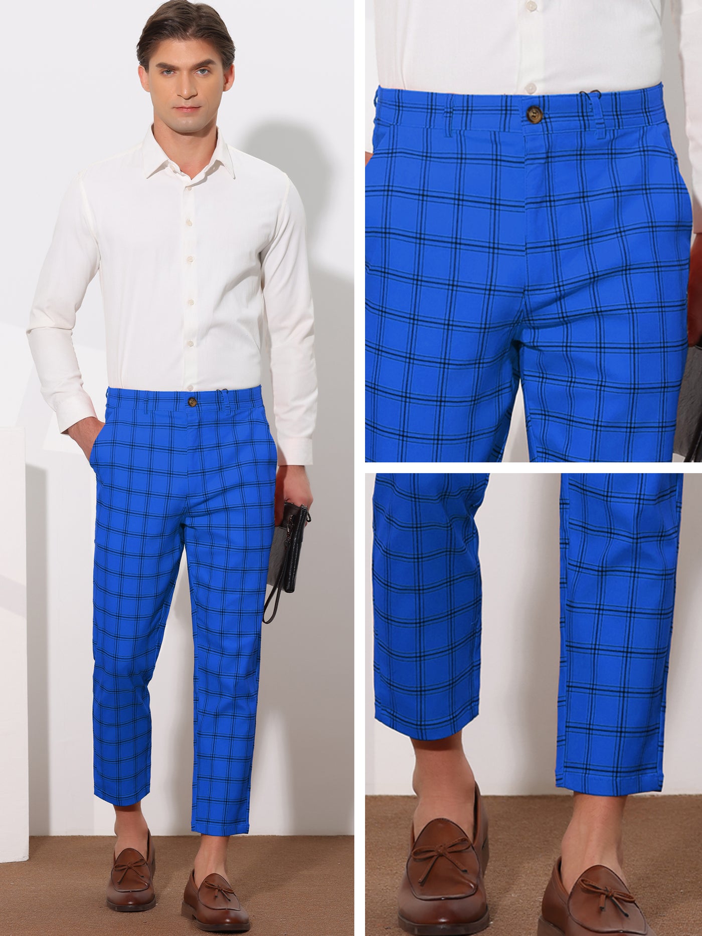 Bublédon Plaid Dress Pants for Men's Flat Front Tapered Cropped Checked Trousers