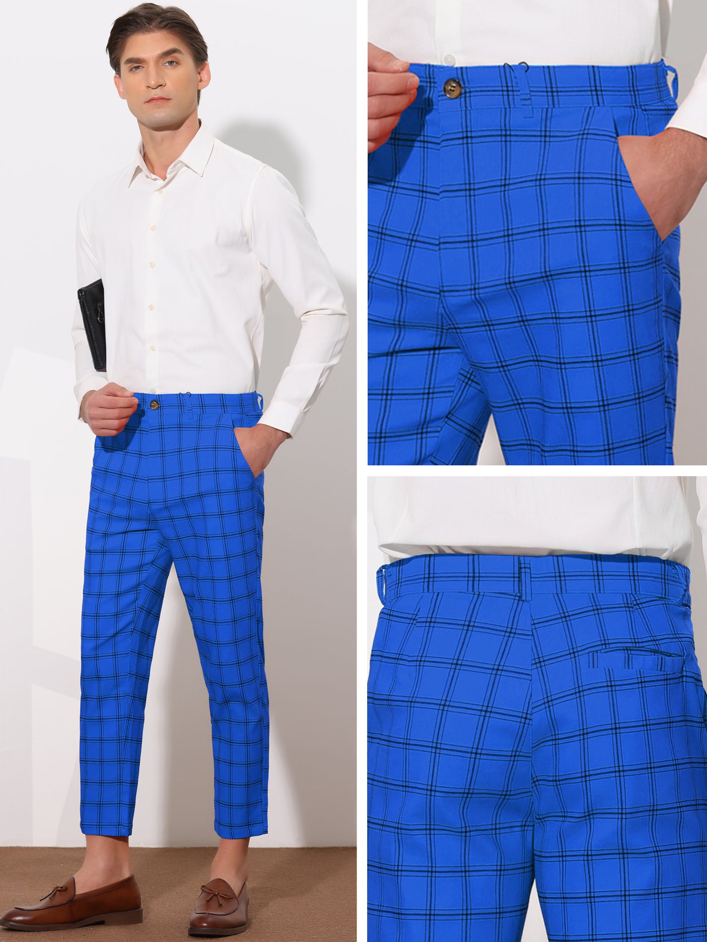 Bublédon Plaid Dress Pants for Men's Flat Front Tapered Cropped Checked Trousers