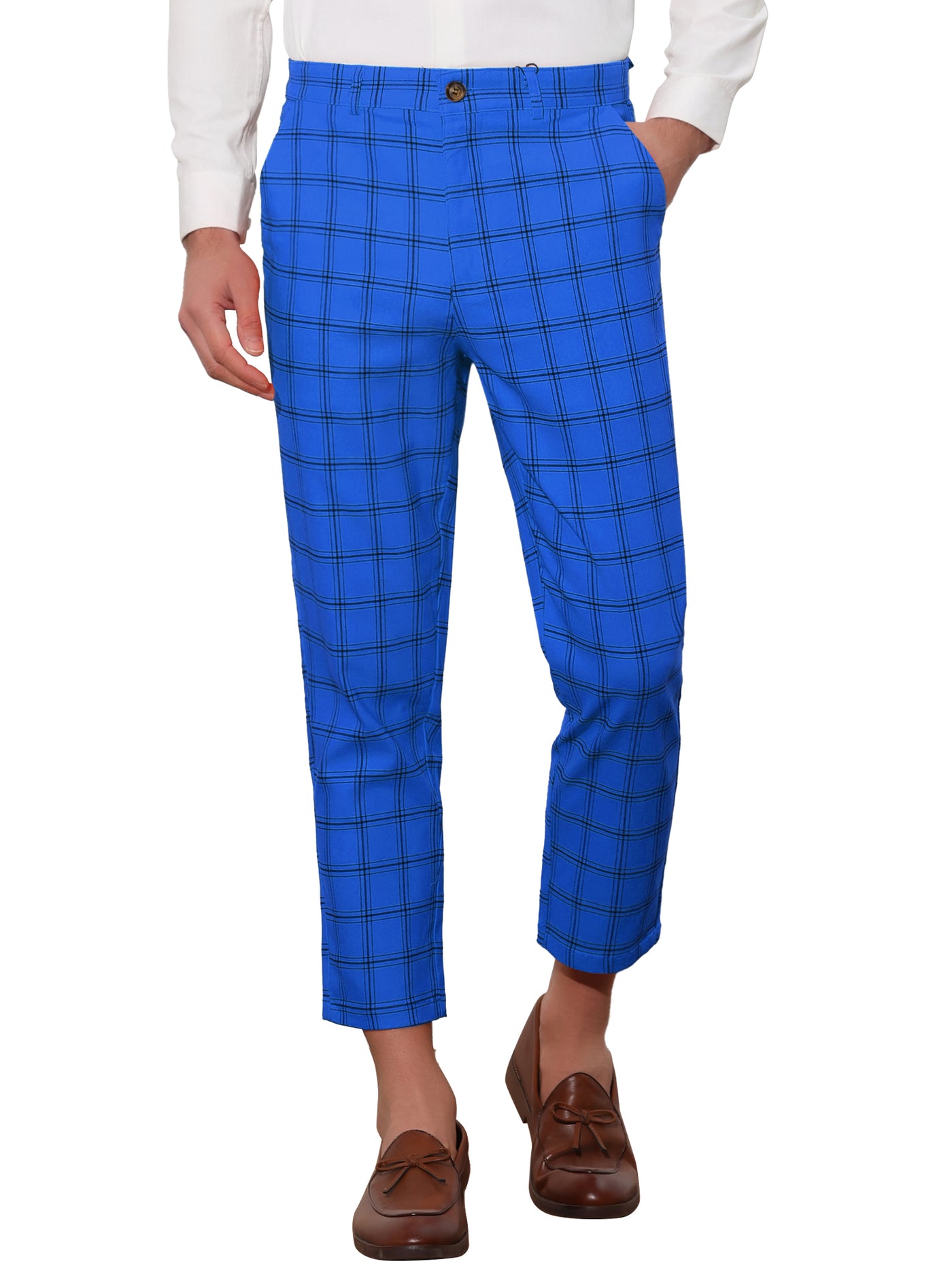 Bublédon Plaid Dress Pants for Men's Flat Front Tapered Cropped Checked Trousers