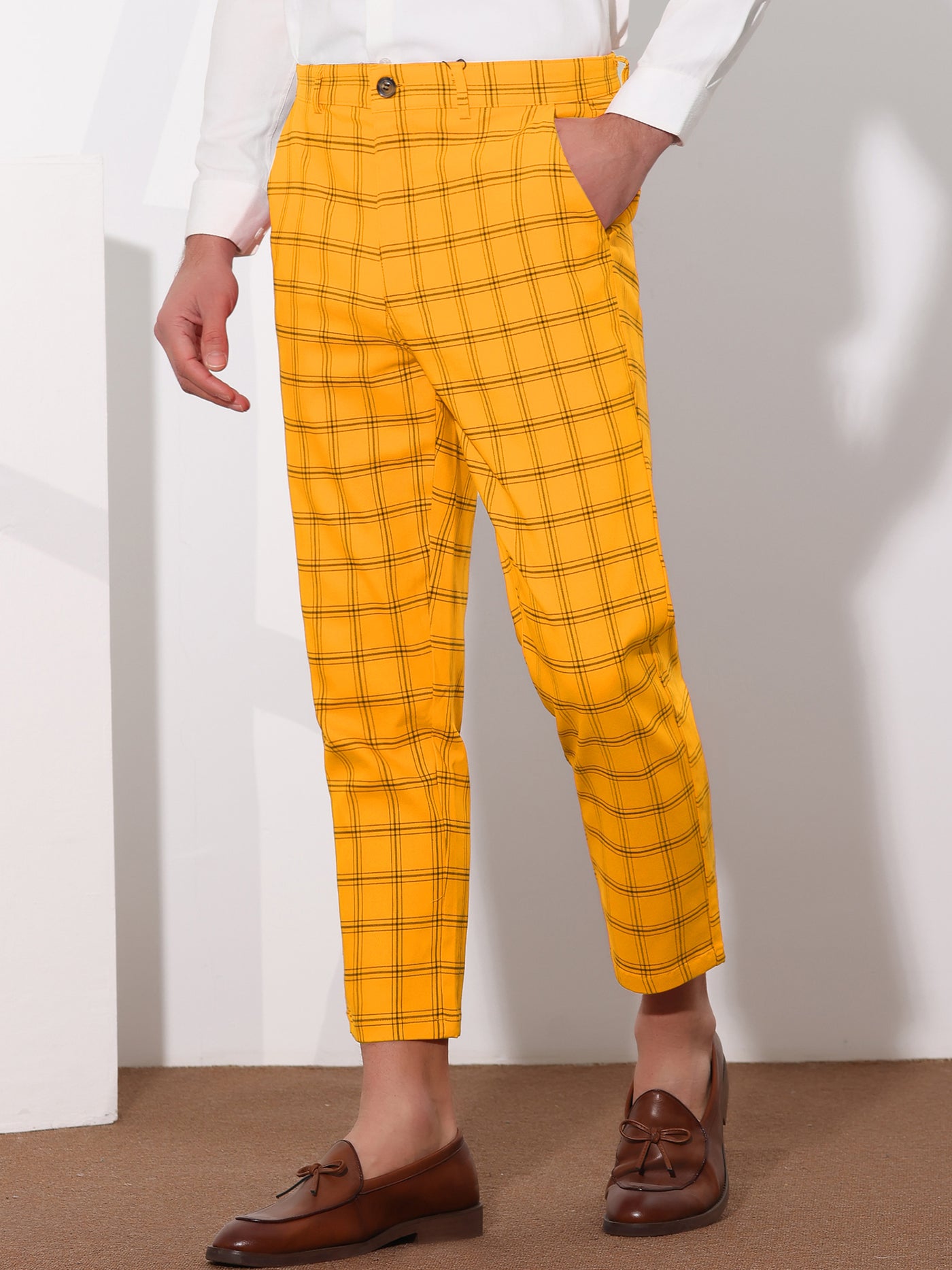 Bublédon Plaid Dress Pants for Men's Flat Front Tapered Cropped Checked Trousers