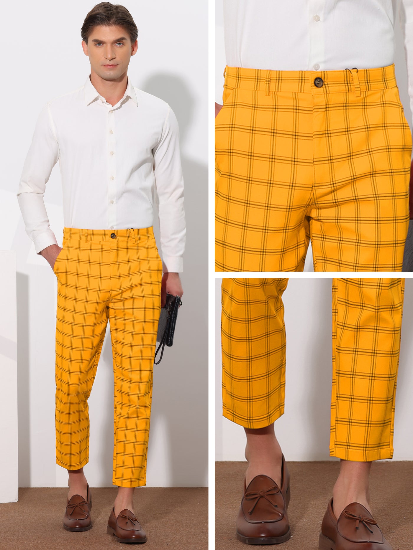 Bublédon Plaid Dress Pants for Men's Flat Front Tapered Cropped Checked Trousers